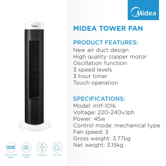 Midea MTF-101K 3 Speed Level Tower Fan